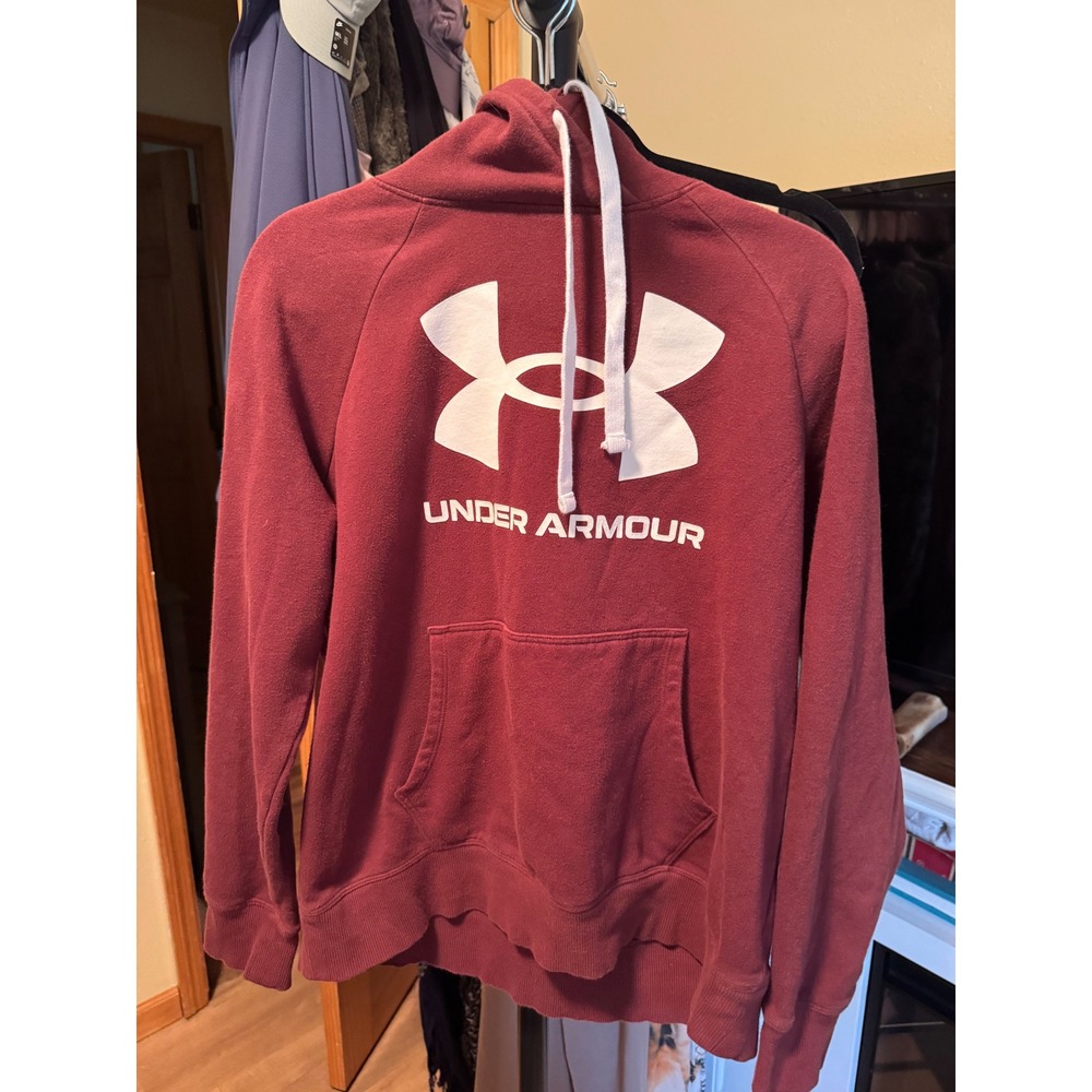Under Armour Womens Rival Fleece Hoodie Burgundy Red Logo Pullover Large 1356318